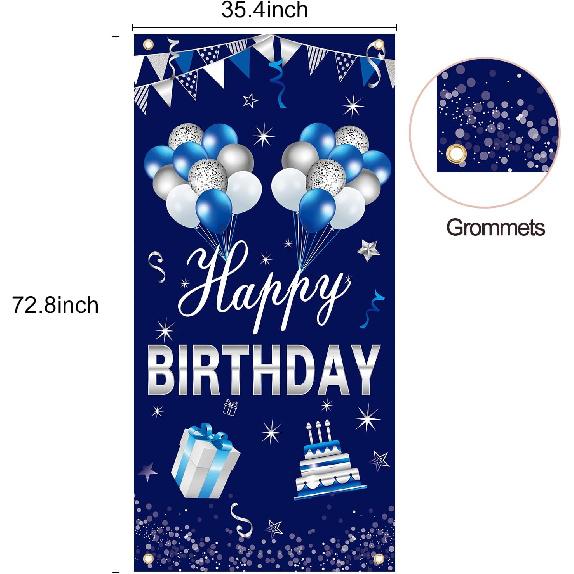 Blue Silver Happy Birthday Door Banner Decorations for Men Boys, Happy Birthday Door Cover Sign Party Supplies, 16th 21st 30th 40th 50th 60th