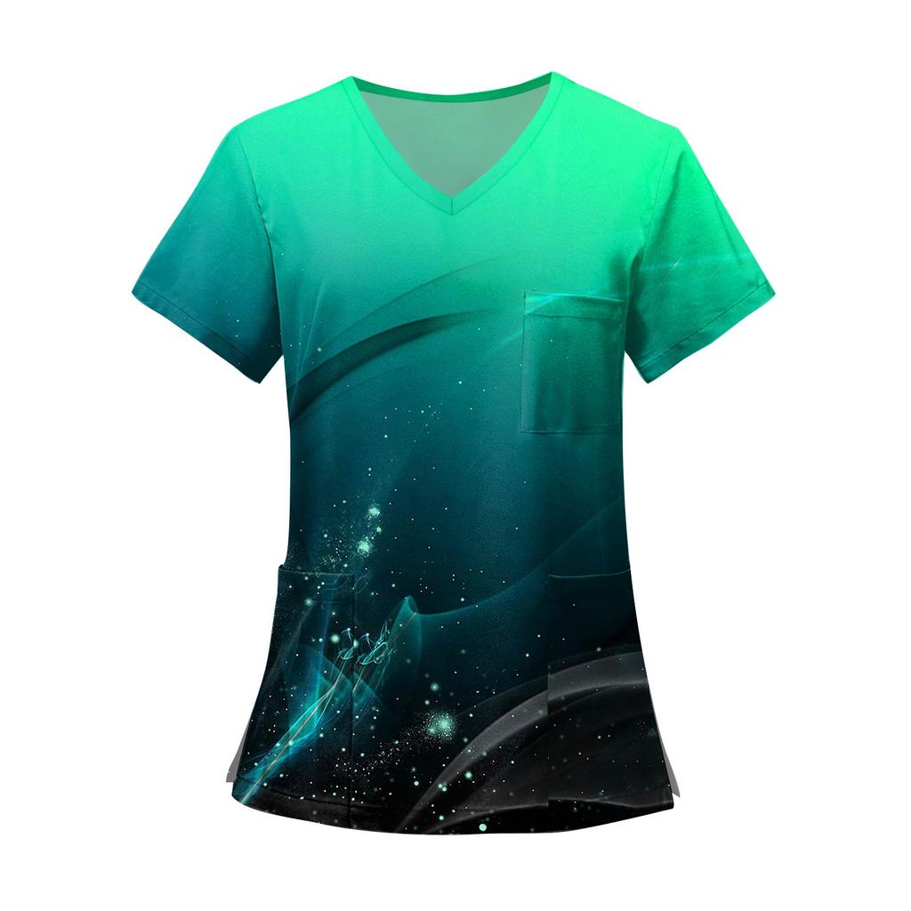 Women's Fashion Printed Short Sleeve V Neck Pattern Tops Pocket Working T-shirts