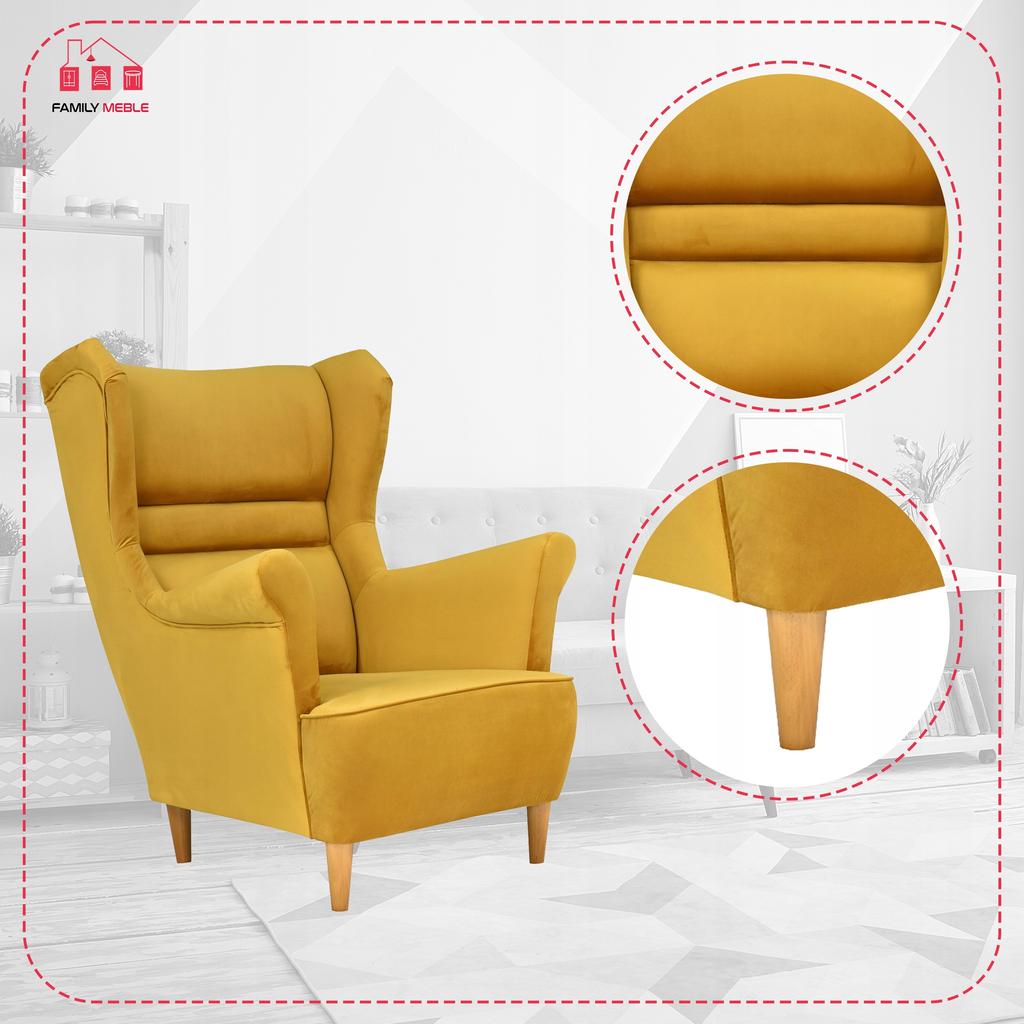 Fotel uszak Zoja skandynawski Family Meble złoty musztardowy żółty PRO