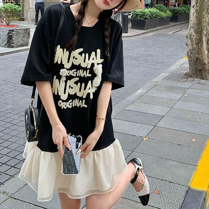 

Поддельное платье миди из двух частей, сшитое, повседневное, с принтом букв, летняя мода, оборки, женская одежда, базовые платья свободного кроя с коротким рукавом S чёрный