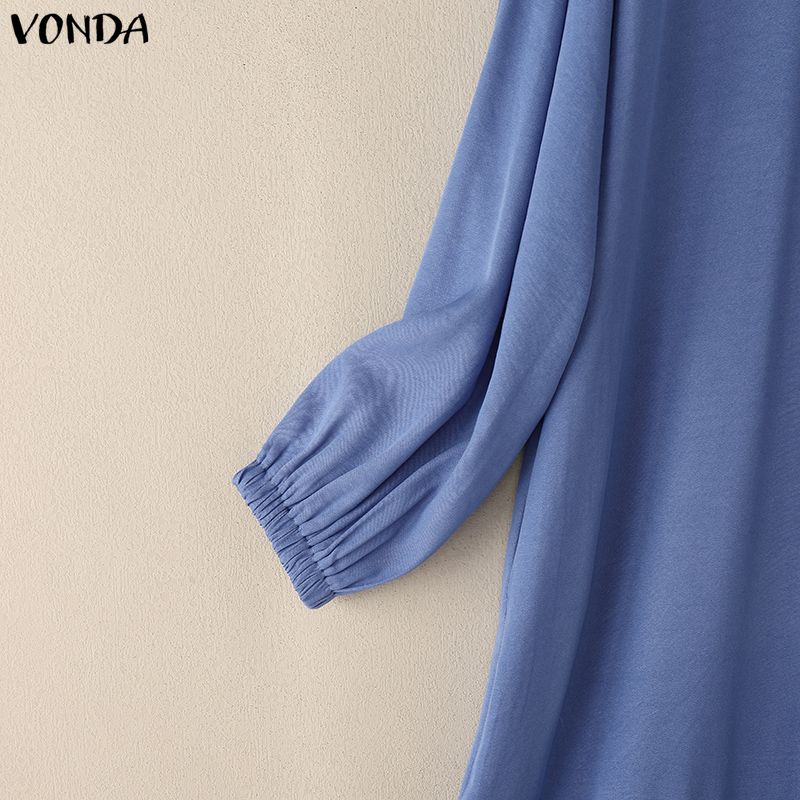 VONDA Women Round Neck Long Sleeve Casual Loose Ruffled Maxi Long Dress