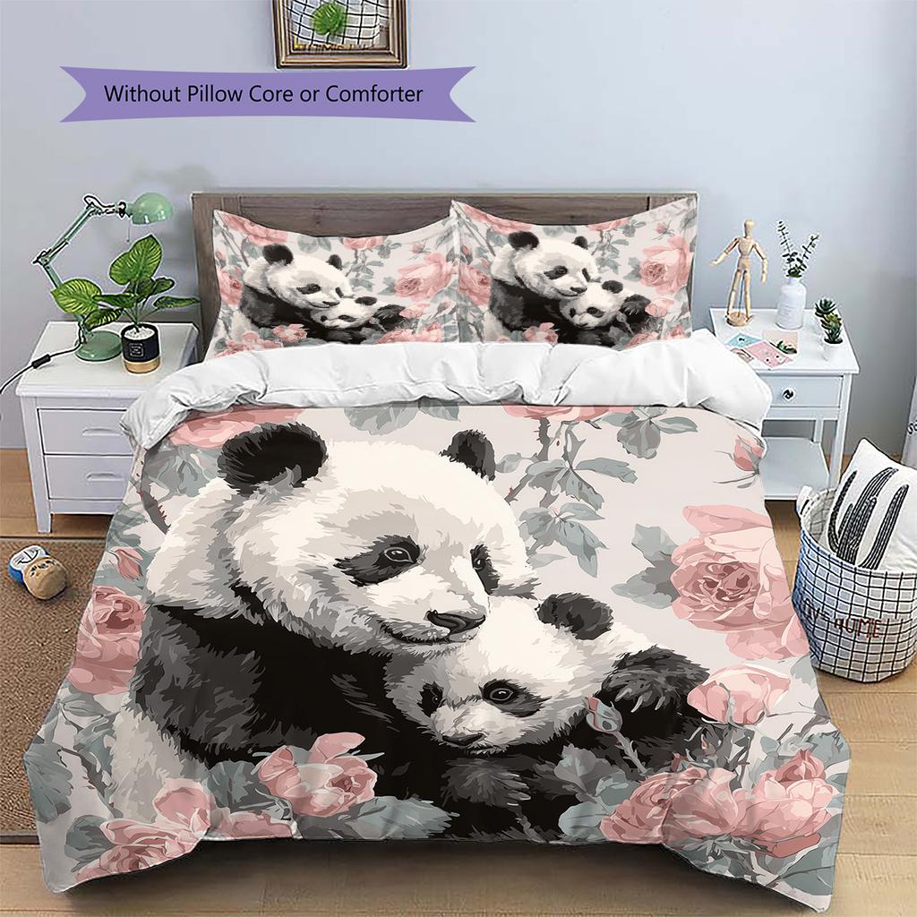 Panda and Rose Pattern Bedding Home Decoration Birthday Gift (1 * duvet cover + 2 * pillowcase, without core)