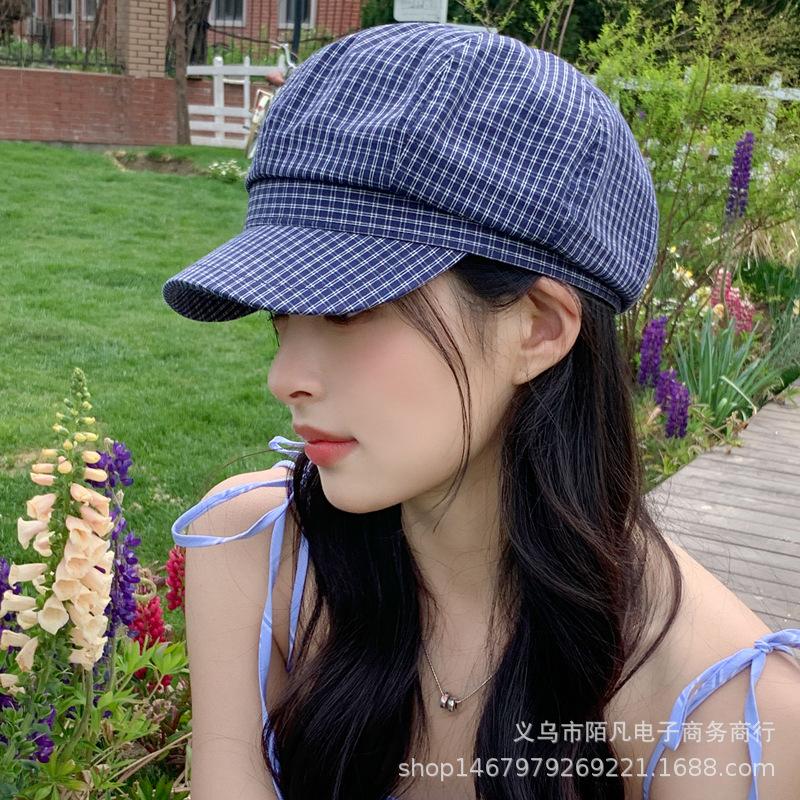 Plaid Octagonal Hat Women's Literary and Artistic Small Fresh Sunshade Cap Spring and Summer Cotton Face Small Painter Hat