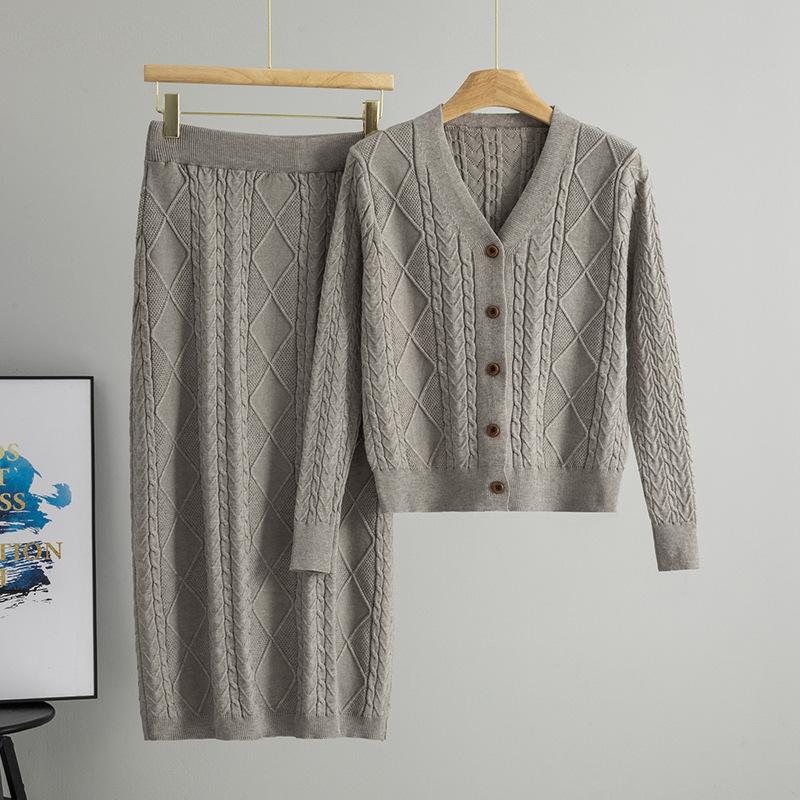Women's Retro Cable Knit Two-Piece Set: Cardigan & Long Skirt