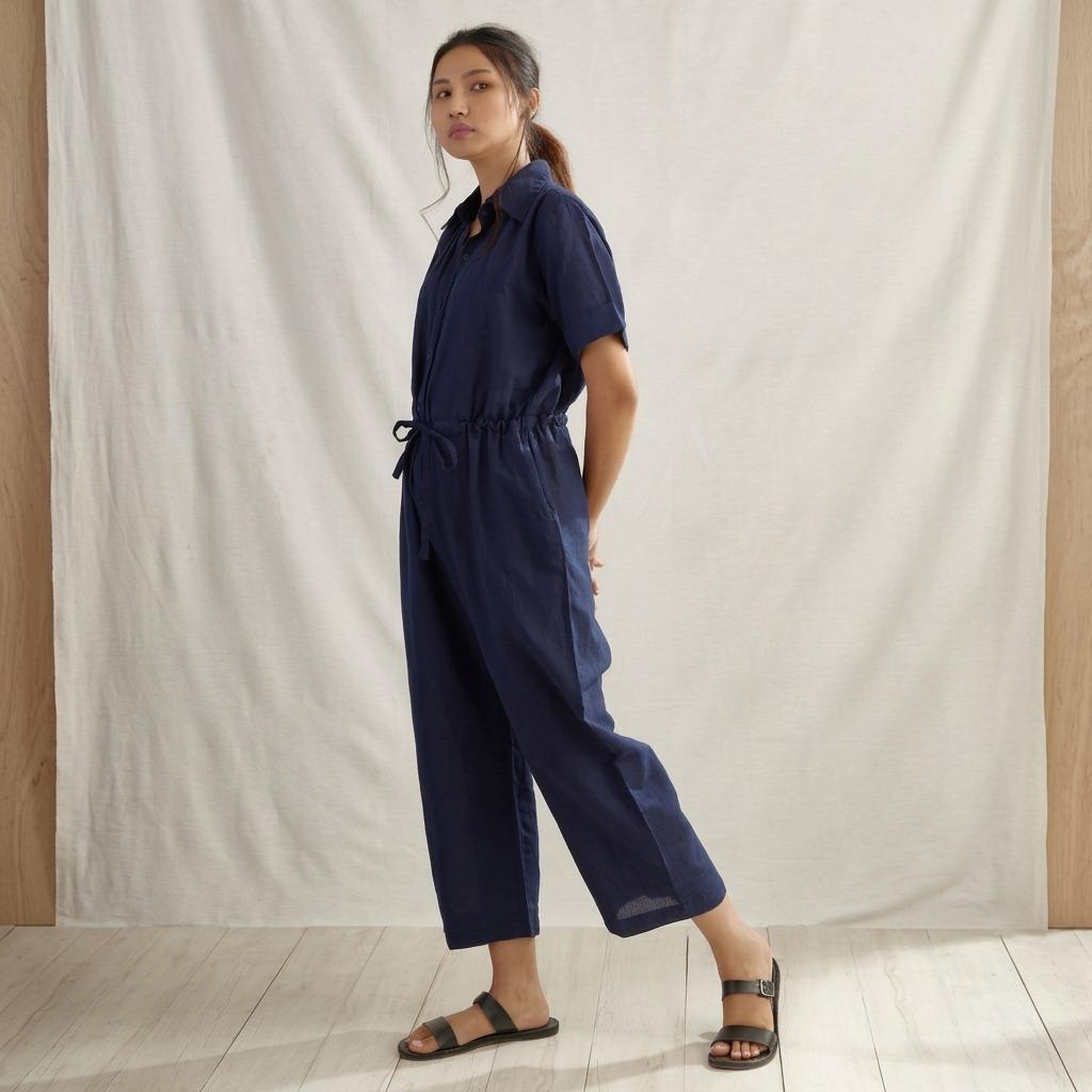 Bodycon Linen Jumpsuit Casual Short Tie Up