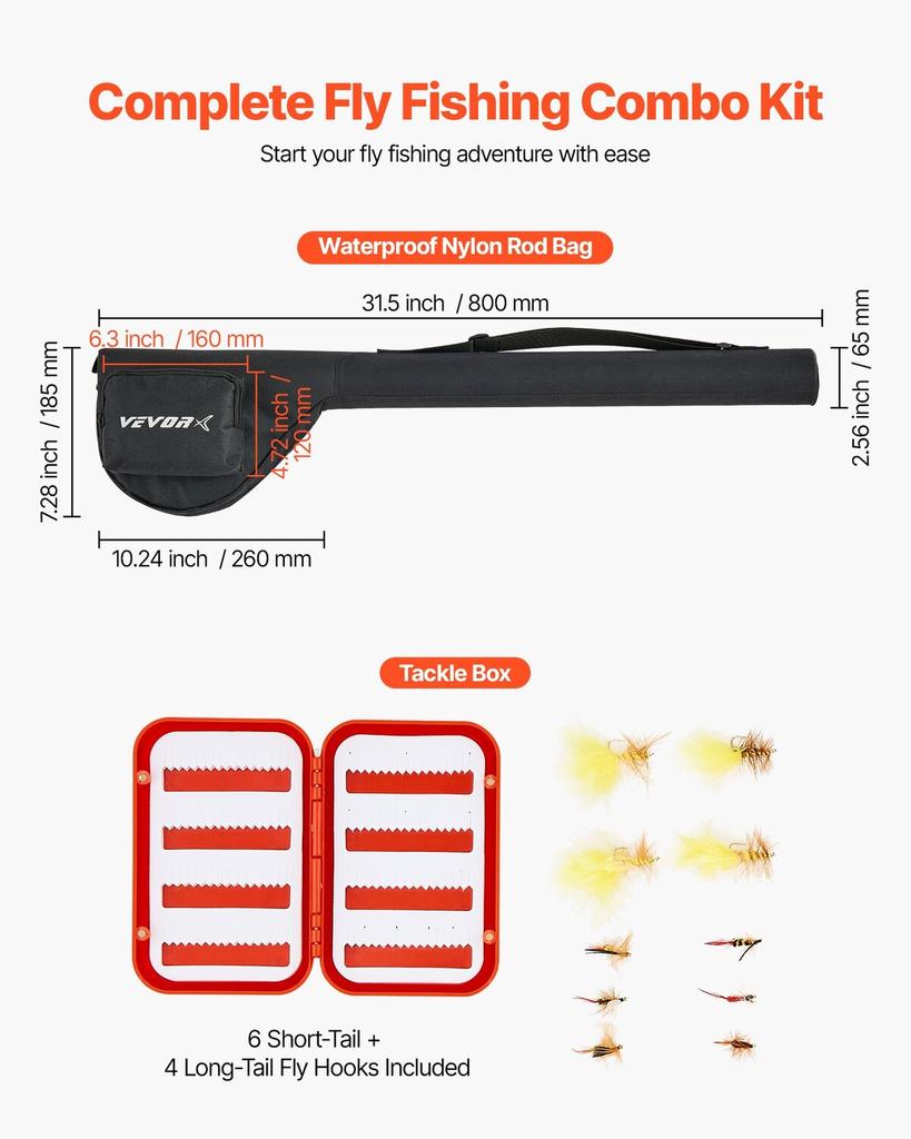 Fly Fishing Combo Kit, IM7 Carbon Fly Fishing Rod and Reel Combo, Starter Fly Rod and Reel Outfit with Rod Bag, Tackle Box, 6 Short-Tail & 4 Long-Tail