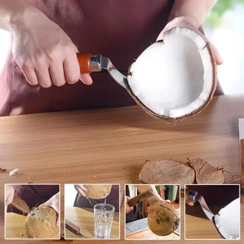 Wooden Handle Coconut Opener Stainless Steel Coconut Opener Knife Household Kitchen New Multifunction Fruit Peeler Coconut Knife