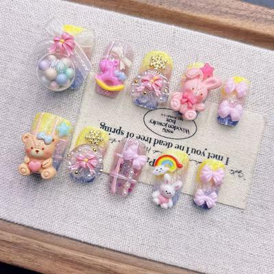 Square Press On Nails Almond Fake Nails French Tip False Nails with 3D Design Full Cover Acrylic Glue On Nails Artificial Stick On Nails for Women
