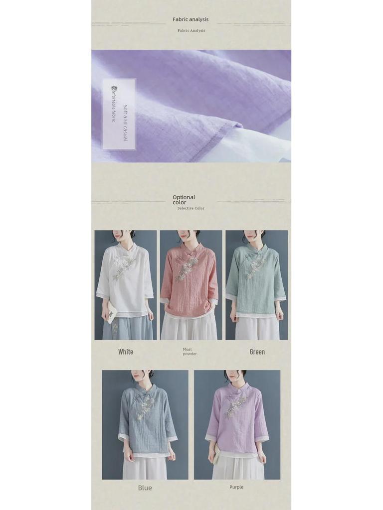 Tricou de damă cu gât în V, retro, brodat, din bumbac-in, cu mâneci 3/4, Primăvară-Vară-Toamnă 2024, Stil casual literar.