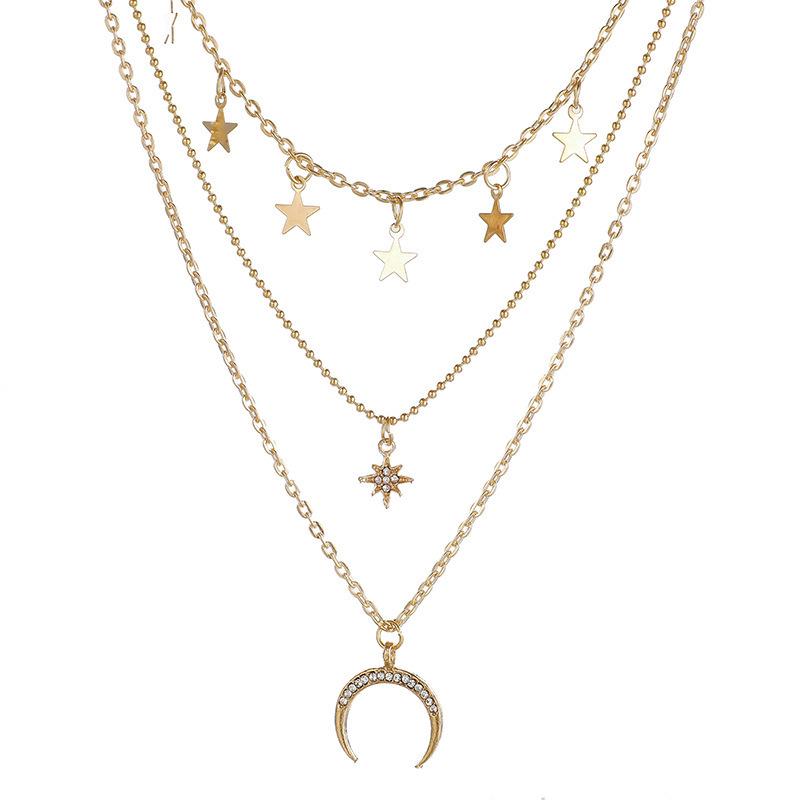 European & American Street Style Star & Moon Multi-layer Diamond Pendant Necklace for Women
