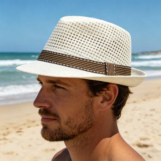 Jazz Hat Hollow Design Breathable Summer Sun Protection Hat with Ribbon Decor Wide Brim Straw Hat Outdoor Cycling Versatile Headwear