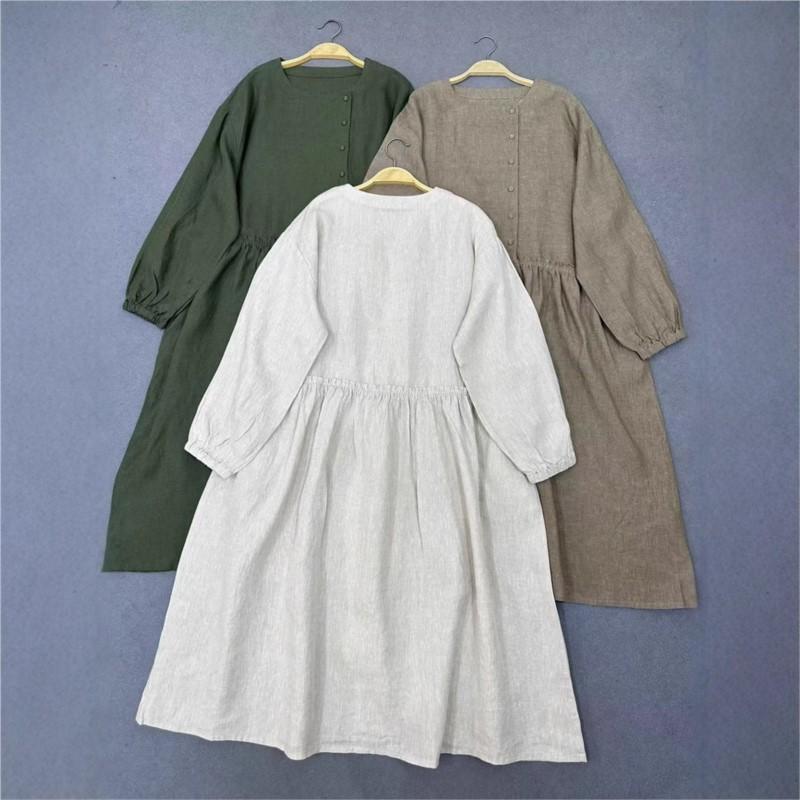 Johnature Spring Autumn Round Neck Ruffled Dress For Women Loose Casual Vintage Dress For Women