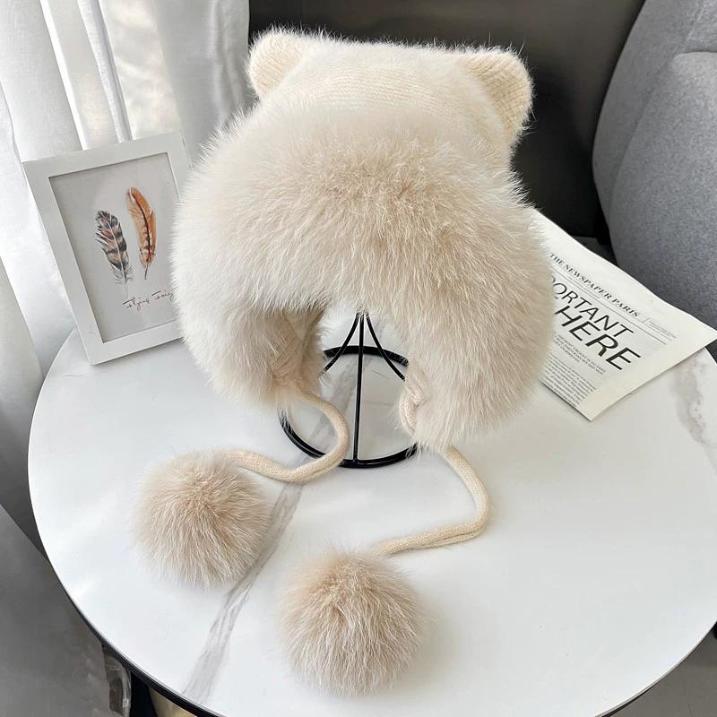 Koreanische Version der neuen Fuchspelzmütze für Damen, Herbst und Winter, niedliche Bärenstrickmütze, warmer Ohrenschutz, Pelzmütze lässt das Gesicht schmaler wirken