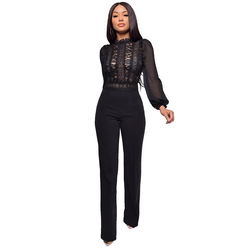 Women's High Collar Lace Lace Fashion Solid Color Chiffon Long Sleeve High Waist Jumpsuit