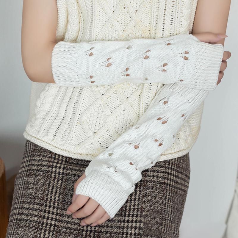 Solid Color Stylish Hollowed Out Fingerless Knitted Gloves Girl Crochet Long Hand Sleeves Warm Arm Covers Lady Elbow Mittens