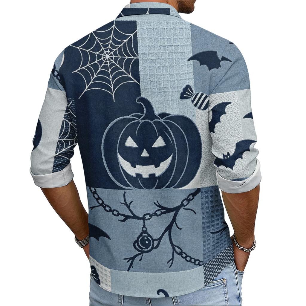 Men's Casual Long Sleeve Button Down Shirt Halloween Print Patchwork Design Lightweight Breathable Fabric Relaxed Fit