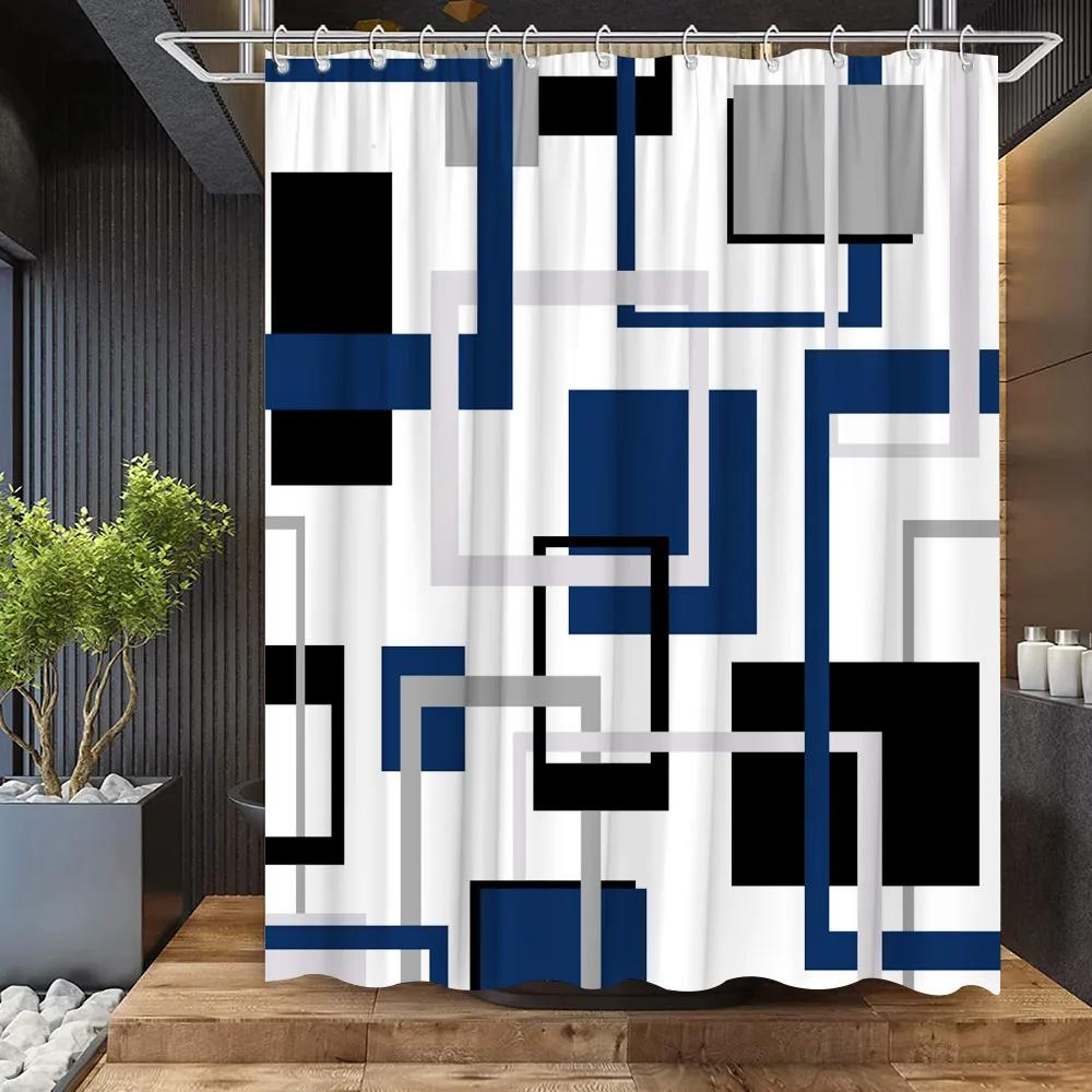 Abstract Geometric Black White Red Shower Curtain 3D Block Square Elegant Frame Modern Decor Fabric Bathroom with Hook Grey
