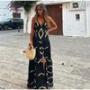 Printed Backless Sleeveless Vent Summer Dress Sexy V-neck High Waisted Sling Women's Dresses