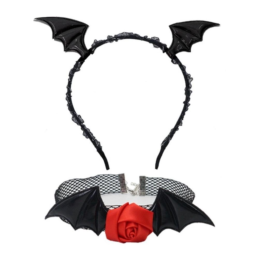 Flower Headband Necklace Set Mesh Halloween Hair Hoop Cute Bat Wings Hairband  Women