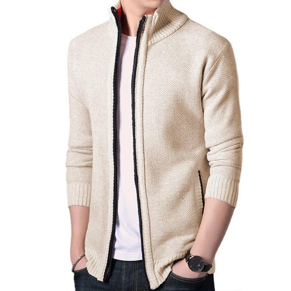 2024 Autumn Winter New Men's Jacket Slim Fit Stand Collar Zipper Jacket Men Solid Cotton Thick Warm Men Sweater