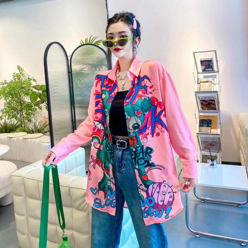 Thai Trendy Brand Autumn New Korean Version Cartoon Printed Shirt Medium and Long Cardigan Shirt Long Sleeve Top