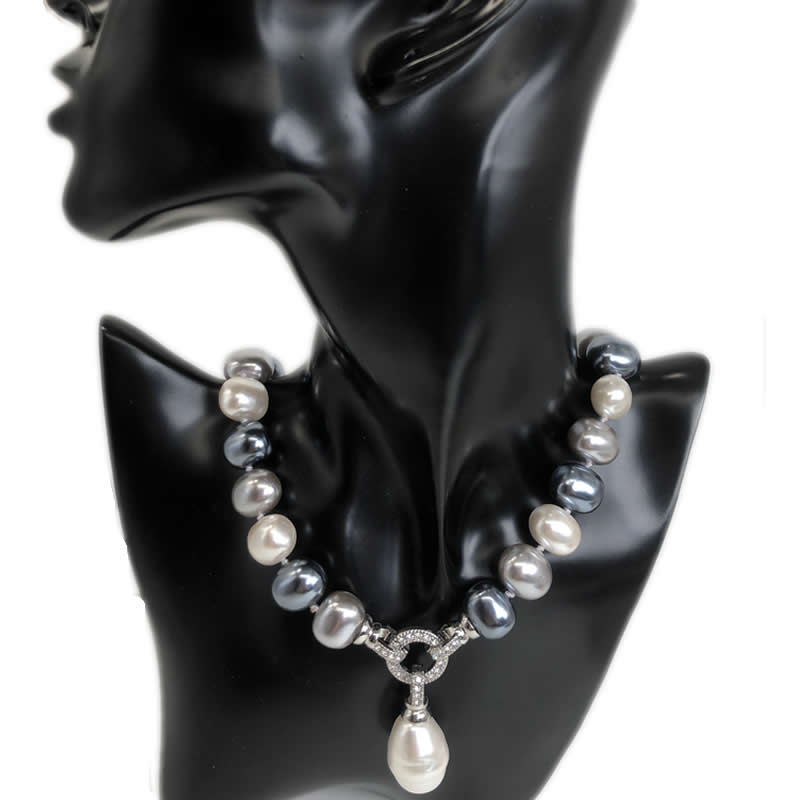 Роскошный стиль Культивированный 12-15 мм Белый Картофельный Пресноводный Жемчуг Ожерелье с Паве из Цирконов Раковина Жемчужный Кулон Свадебный 42-45CM