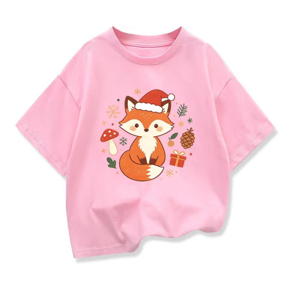 New Cute Cartoon Fox Printed Christmas Children's Gift T-shirt Summer Children's Short Sleeve Printed T-shirt Kids Tops Clothes