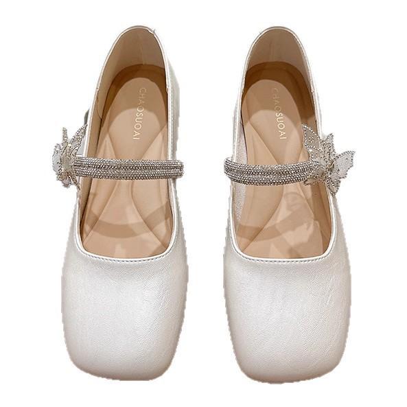 Versatile French silver Mary Jane shoes women's 2025 summer new rhinestone light mouth single shoes flat-soled small leather shoes