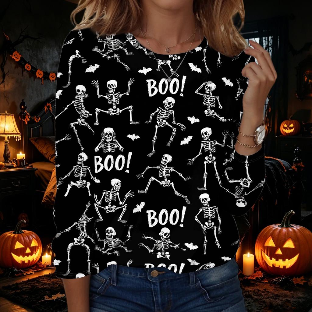 Women's Halloween Printed Long Sleeve Neck Pullover Top