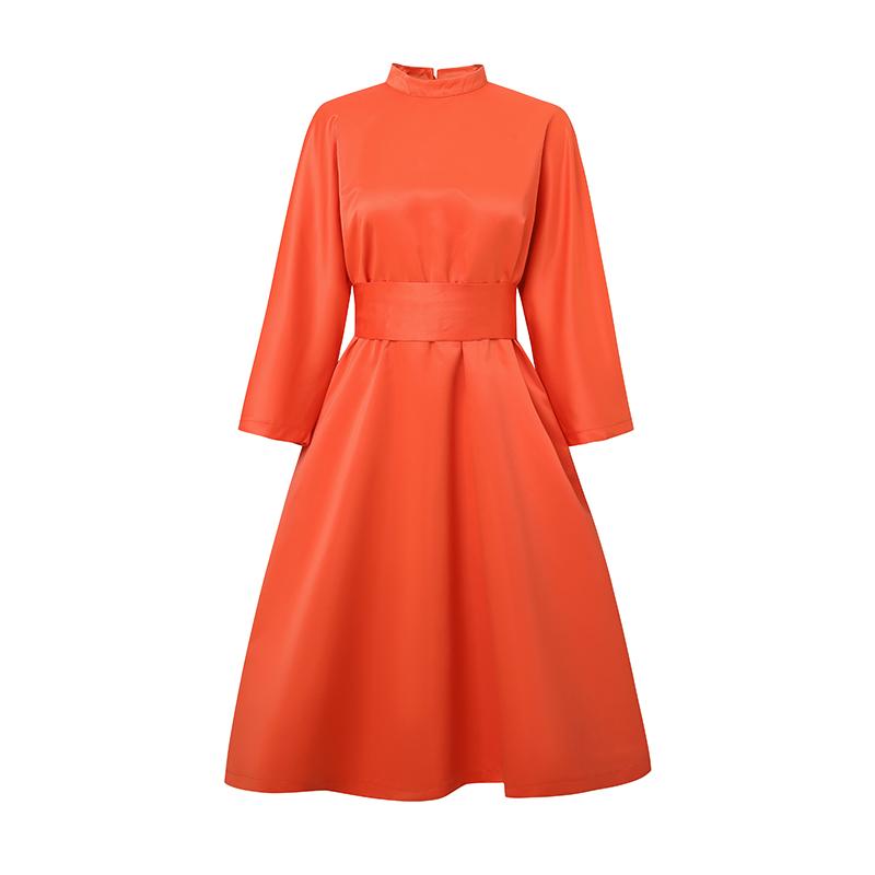 Oversized Women Stand Neck 3/4 Sleeve Bow Knot Belt Party Swing Dresses Nonelastic