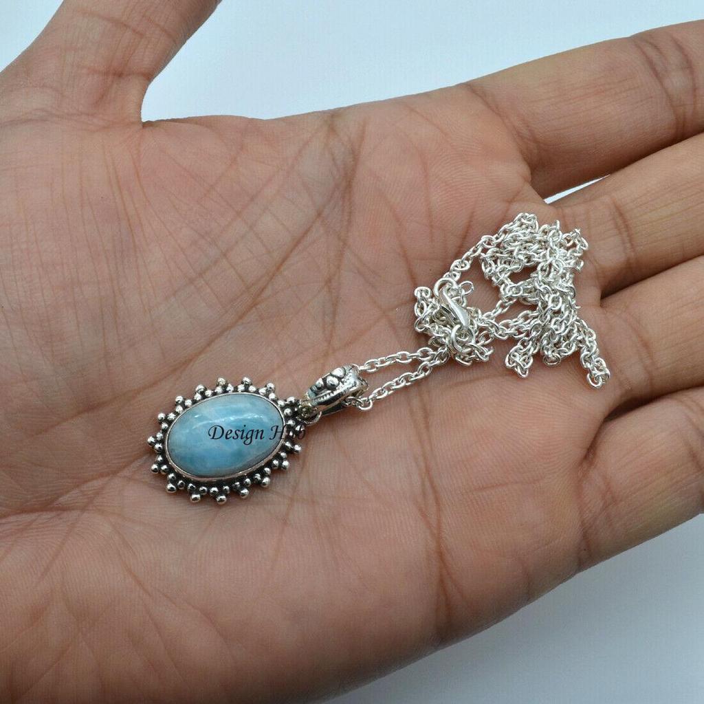 Halskjede i solid 925 sterlingsølv, edelsten, naturlig Larimar-kjede, gave til henne, Boho-smykker, sølvsmykker, bryllupskjede