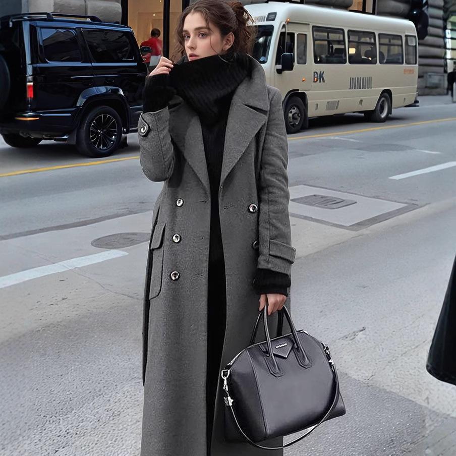 Damen Herbst und Winter Temperament Pendler Anzug Kragen Zweireihiger Langer Mantel