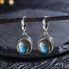 Vintage 925 Silver Natural Labradorite Earrings with Blue Light 10*12mm Big Stone Hoop Earrings Fine Jewelry for Women