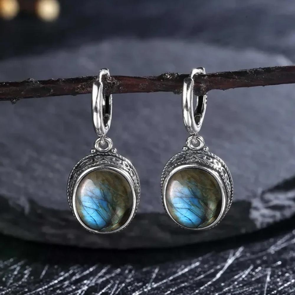 Vintage 925 Silver Natural Labradorite Earrings with Blue Light 10*12mm Big Stone Hoop Earrings Fine Jewelry for Women