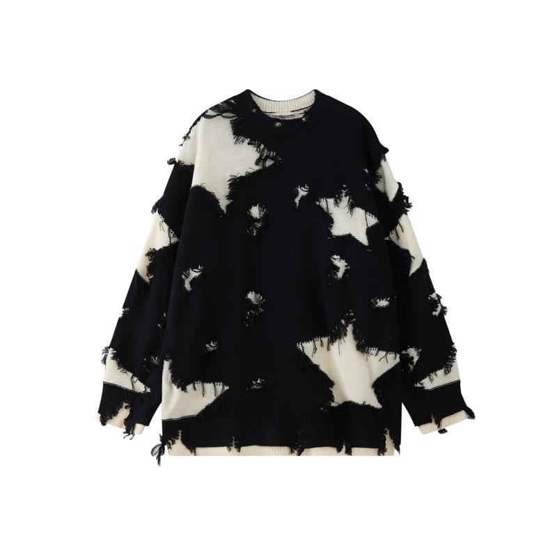 Unisex Oversized Knit Sweater With Raw Edge Hem Distressed Detail Loose Fit Casual Pullover