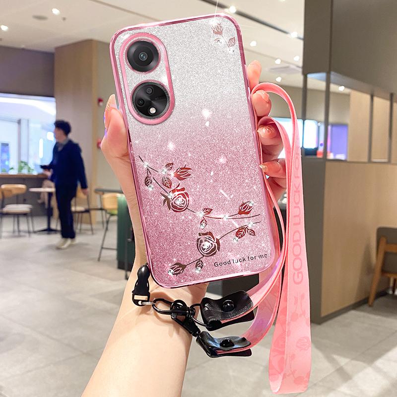

KADEM For Oppo A98 5G Phone Case Glitter Rhinestone Gradient TPU Cover with Carrying Strap Rose Gold