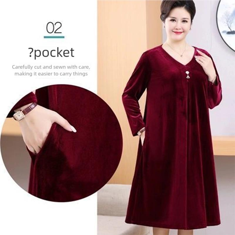 Damen Übergröße Samtkleid Frühling Herbst V-Ausschnitt Locker Langes A-Linien-Kleid