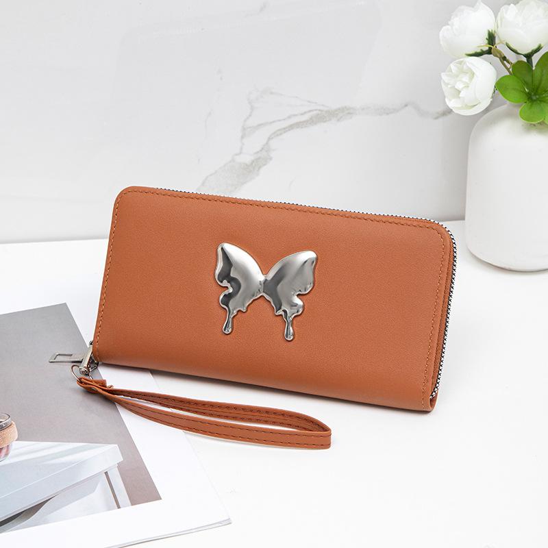 

Новая модная однотонная сумка-клатч из ткани полотняного переплетения с большой бабочкой, сумка для мобильного телефона, сумка для карточек, длинный кошелек на одной молнии. коричневый