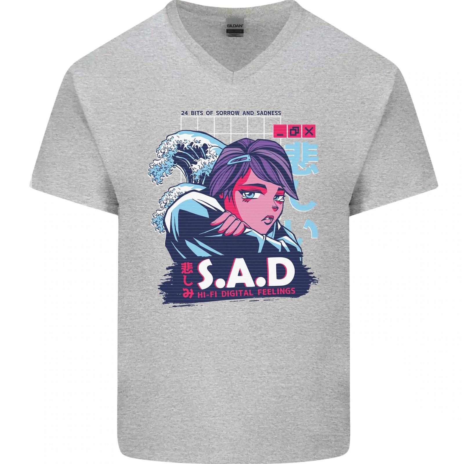 Music Vaporwave Anime Girl Emo SAD Mens VNeck Cotton T-shirt M