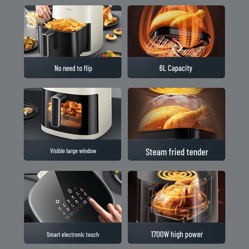 SUPOR 6L Smart Air Fryer with Visual Steam Fry Function CN Plug (adapter Included)