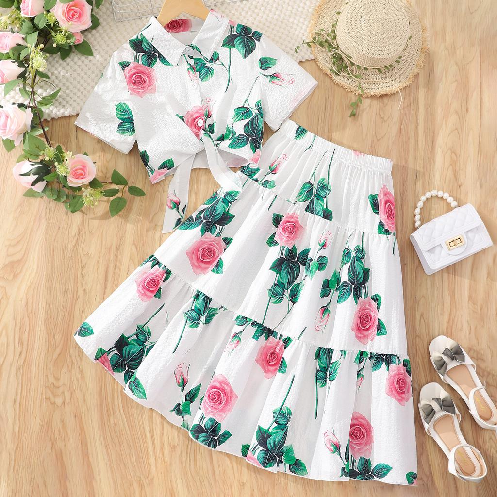 Completo estivo per bambina: Set Due Pezzi Elegante e Fresco: Camicia Stampata a Maniche Corte con Colletto + Gonna Taglie Forti