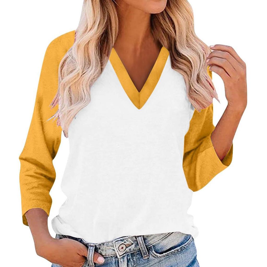 Damen lässiges und modisches Patchwork V-Ausschnitt Oberteil mit Dreiviertelärmel