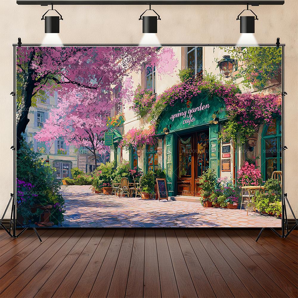 Romantische Blumenladen-Straßenecke-Thema Hintergrund Geburtstagsfeier Dekoration Fotostudio Aufnahme Requisiten Sofa Nachttisch Hintergrund