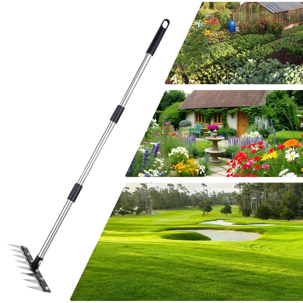 8-tooth Thatch Rake Heavy-duty Adjustable Length Weeding Dethatcher Stainless Steel Lawn Mower Outdoor Tilling Tool