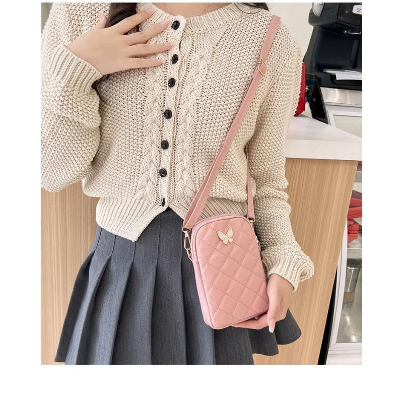 Quilted Mini Crossbody Bag Korean Style Floral Embroidered Phone Purse with Butterfly Detail