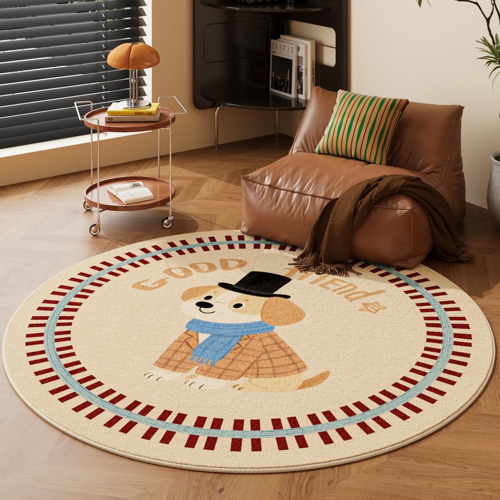 Cartoon Dog Round Carpet Mat - "best Luck" Text Rug with Geometric Border for Living Room Home Decoration Brown Rugs for Bedroom