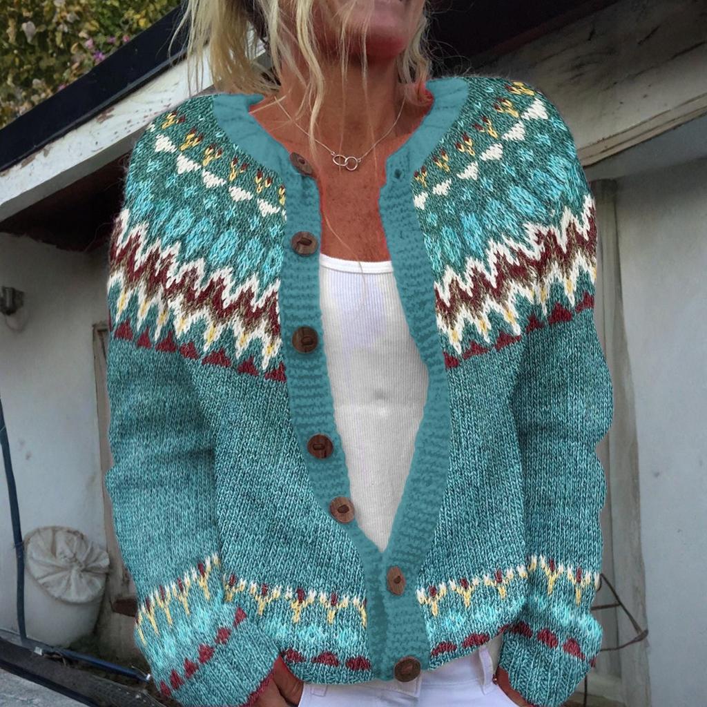 Swetry kardigan Fair Isle dla kobiet z okrągłym dekoltem, o luźnym kroju, zapinane na guziki, gruby sweter, otwarty przód, casualowa jesienna dzianinowa kurtka