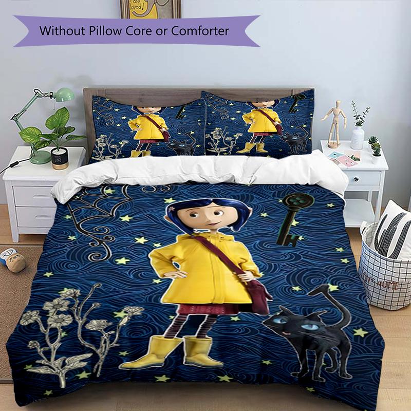 3pcs Coraline (5) Design Cover Set - HD Printed Bedding with 1 Cover and 2 Pillowcases - Perfect for Home and Dorm Decor