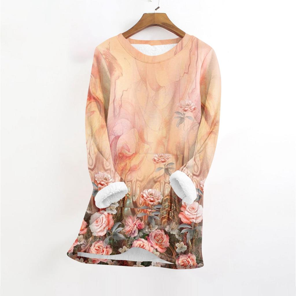 Women's Fashionable Printed Round Neck Long Sleeved Plush Warm Pullover Top