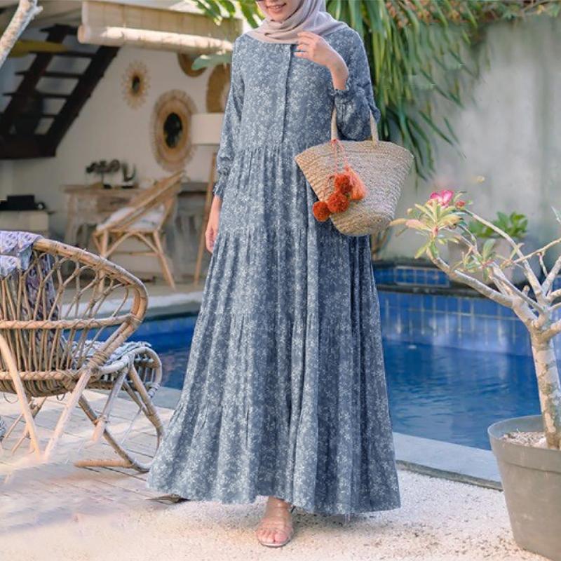 ZANZEA Women Floral Print Loose Casual Round Neck Long Sleeve Dress